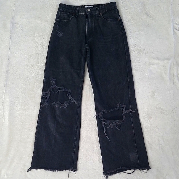 Zara Womens Jeans Size 4 Black Distressed Ripped Straight Leg Raw Hem Grunge Y2K - Picture 2 of 15